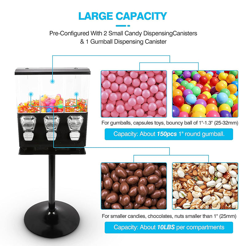 Commercial Candy Vending Machine with Stand Gumball Vending Machine Coin Operated Metal Candy Dispenser Machine with 3 Canisters