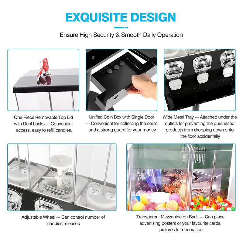 Commercial Candy Vending Machine with Stand Gumball Vending Machine Coin Operated Metal Candy Dispenser Machine with 3 Canisters