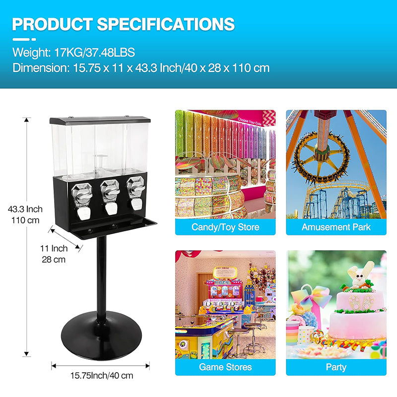 Commercial Candy Vending Machine with Stand Gumball Vending Machine Coin Operated Metal Candy Dispenser Machine with 3 Canisters