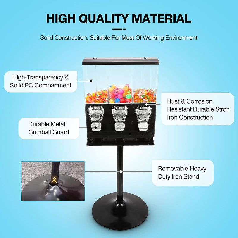 Commercial Candy Vending Machine with Stand Gumball Vending Machine Coin Operated Metal Candy Dispenser Machine with 3 Canisters