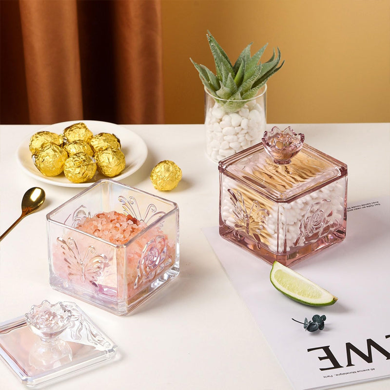 Glass Retro Candy Jar With Lid Crystal Glass Cotton Swab Cosmetic Cotton Storage Box 4.5-Inch High Cookie Jar