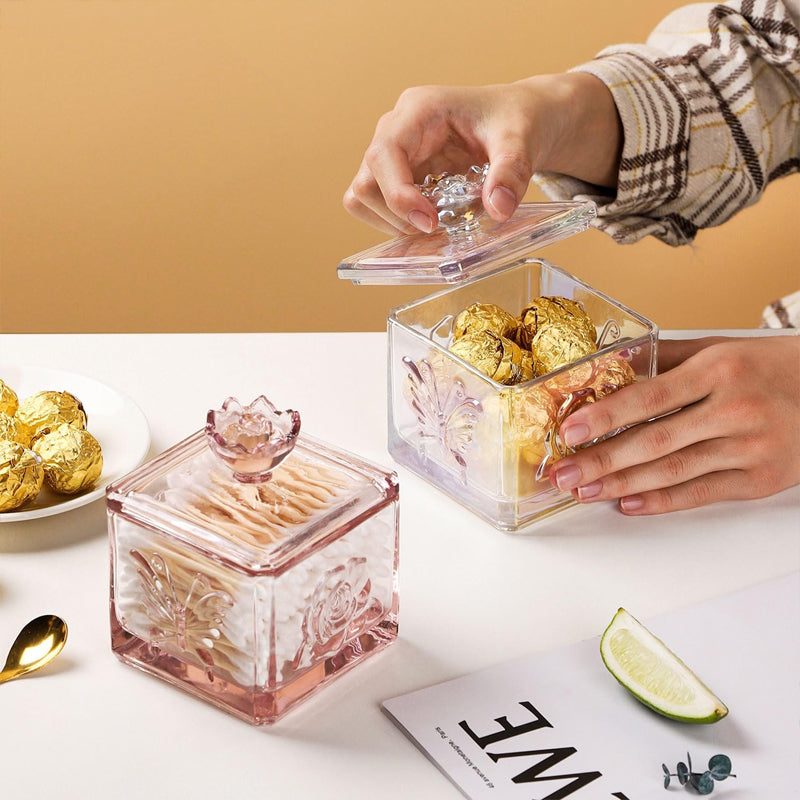 Glass Retro Candy Jar With Lid Crystal Glass Cotton Swab Cosmetic Cotton Storage Box 4.5-Inch High Cookie Jar