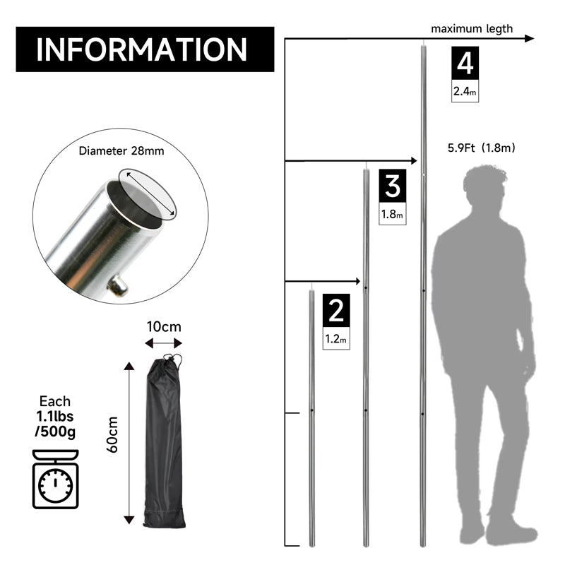 Custom Camping Tent Pole Thicken Aluminum Alloy Tent Support Rods 110" Shade Sail Post Beach Shelter Tarp Awning Pole