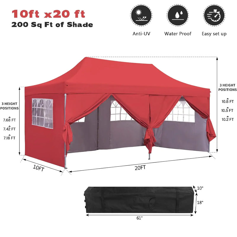 10x20 Ft Instant Pop Up Canopy Party Tent Folding Heavy Duty Gazebos With Removable Sidewalls And Wheeled Bag Waterproof