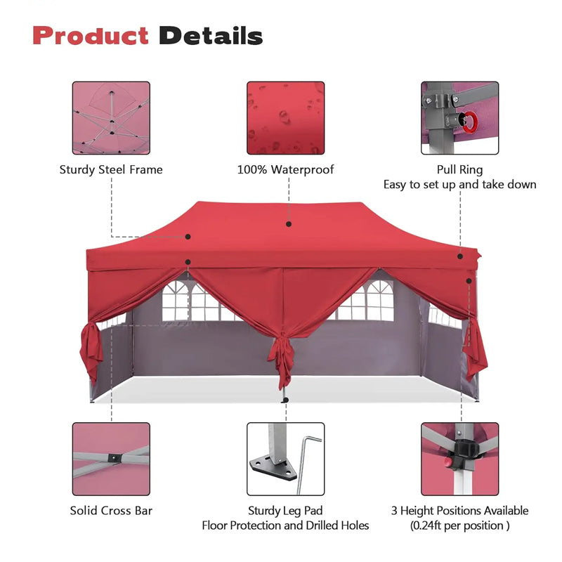 10x20 Ft Instant Pop Up Canopy Party Tent Folding Heavy Duty Gazebos With Removable Sidewalls And Wheeled Bag Waterproof