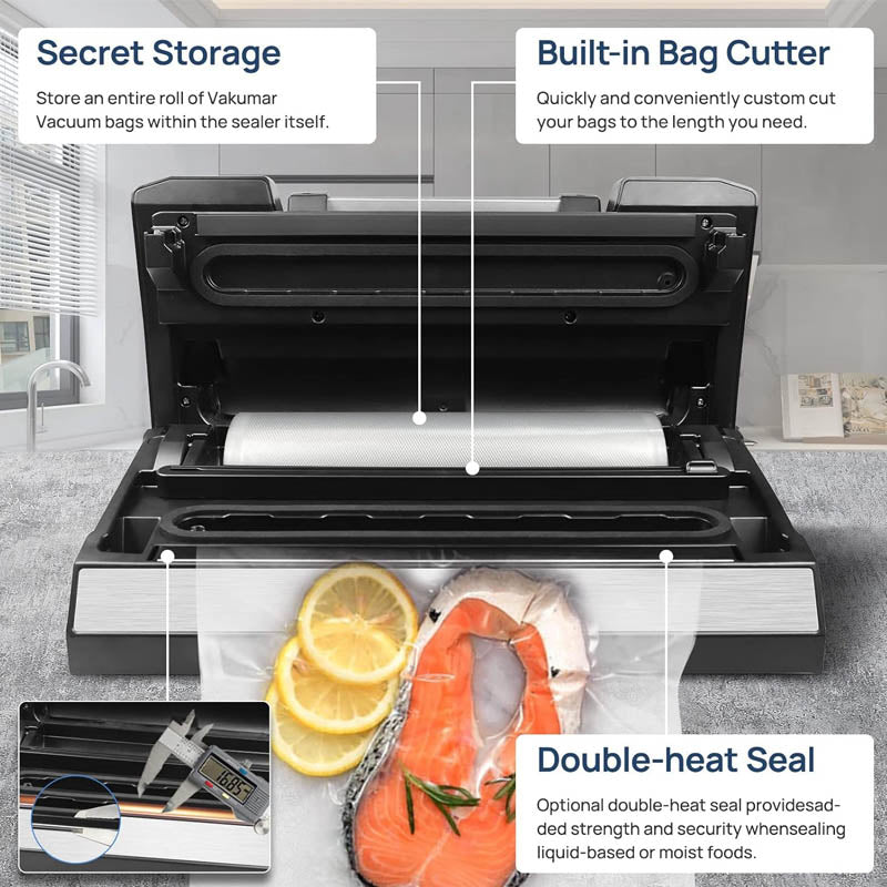Chamber Vacuum Sealer 90Kpa Dry/Moist/Liquid Modes LED Indicator Light Handle Locked Built-in Cutter and Bag Storage
