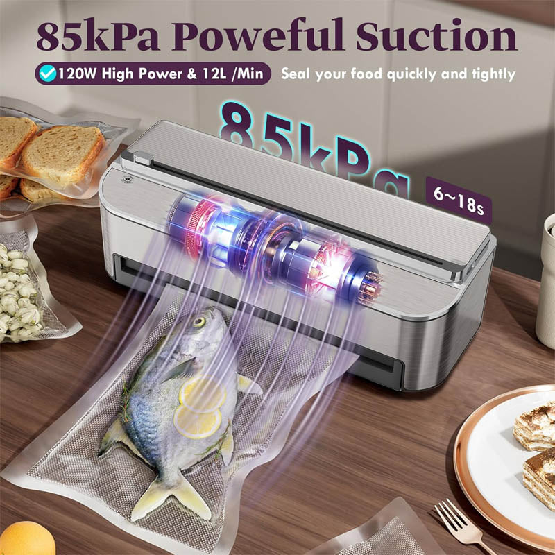 Chamber Vacuum Sealer 85kPa 120W Automatic Food Sealer Build-in Cutter Bags Storage 2 Bag Rolls and 5pcs Pre-cut Bags
