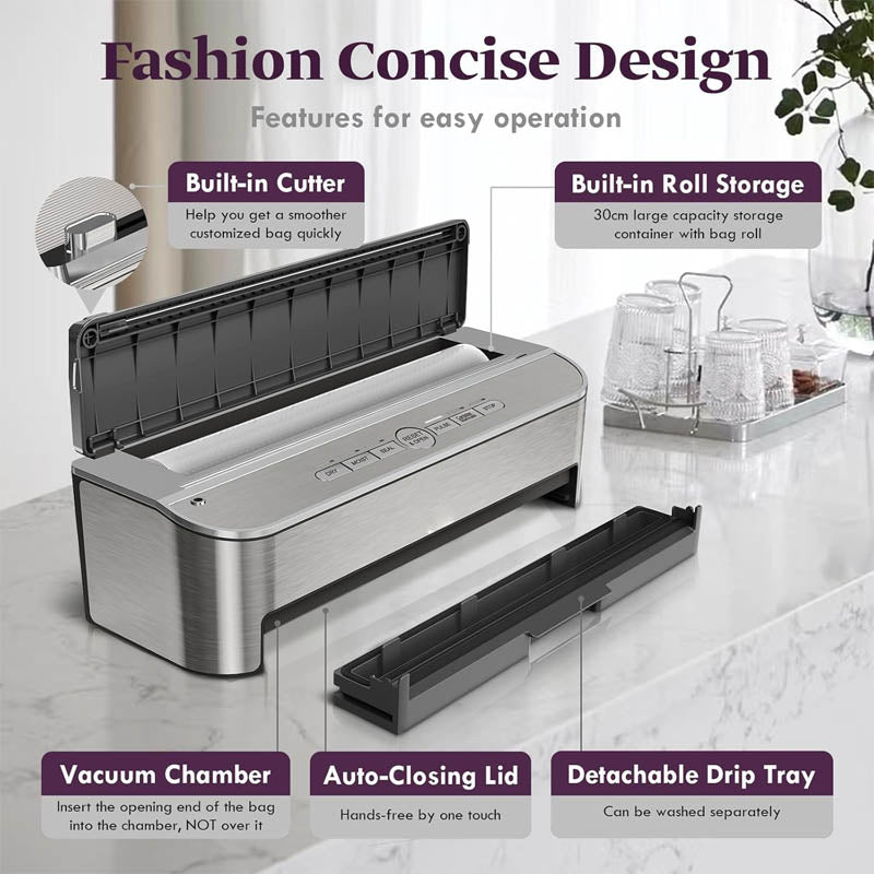 Chamber Vacuum Sealer 85kPa 120W Automatic Food Sealer Build-in Cutter Bags Storage 2 Bag Rolls and 5pcs Pre-cut Bags