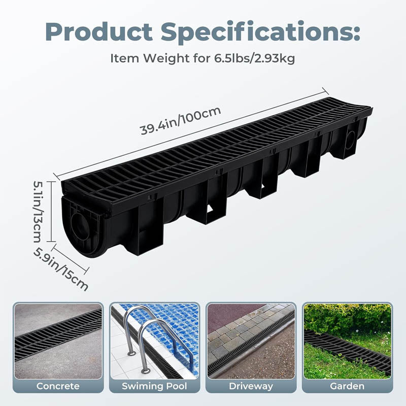 6 Pack Channel Drain Channel Drain with Plastic Grate 5.9x5.1-Inch HDPE Drainage Trench 6x39 Trench Drain Grate with 6 End Caps