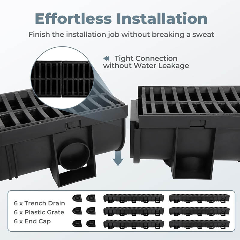 6 Pack Channel Drain Channel Drain with Plastic Grate 5.9x5.1-Inch HDPE Drainage Trench 6x39 Trench Drain Grate with 6 End Caps