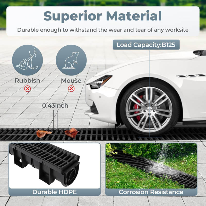 6 Pack Channel Drain Channel Drain with Plastic Grate 5.9x5.1-Inch HDPE Drainage Trench 6x39 Trench Drain Grate with 6 End Caps