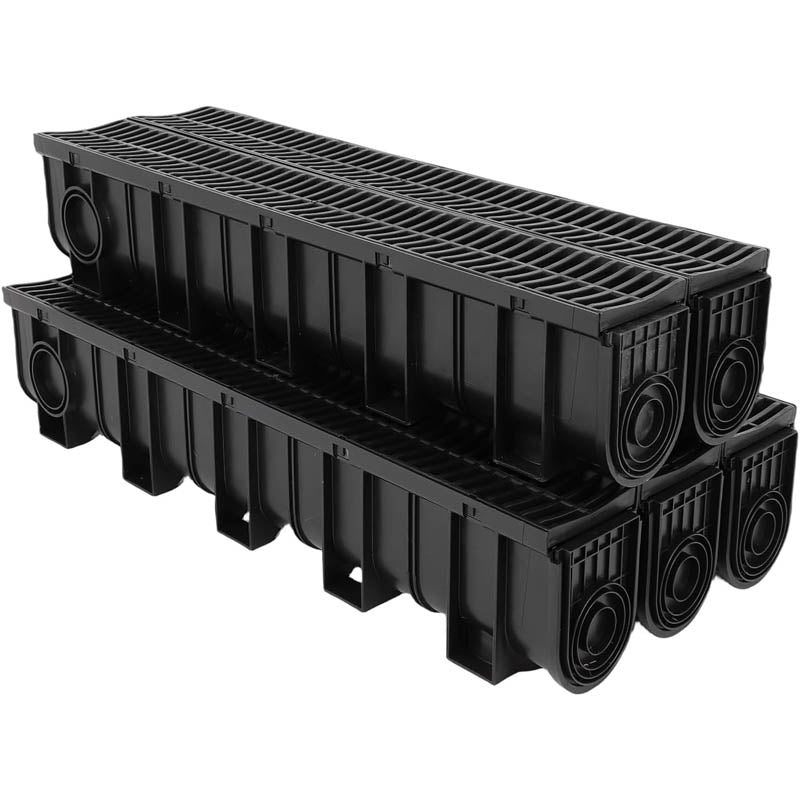 5 Pack Channel Drain with Plastic Grate 5.9x7.5-Inch Drainage Trench with 5 End Caps for Garden, Driveway