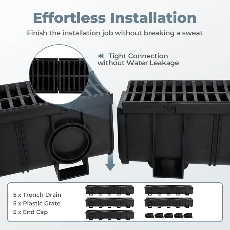 5 Pack Channel Drain with Plastic Grate 5.9x7.5-Inch Drainage Trench with 5 End Caps for Garden, Driveway