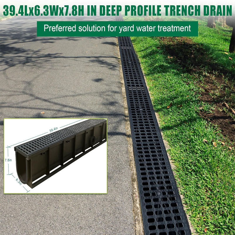 4 Pack 39.4Lx6.3Wx7.8H inch Channel Drain Plastic Yard Drainage Systems for Outdoor Downspout Yard Fence Sidewalk Patio