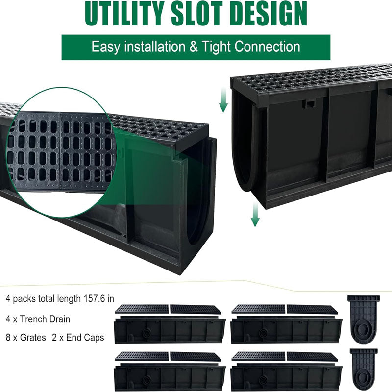 4 Pack 39.4Lx6.3Wx7.8H inch Channel Drain Plastic Yard Drainage Systems for Outdoor Downspout Yard Fence Sidewalk Patio