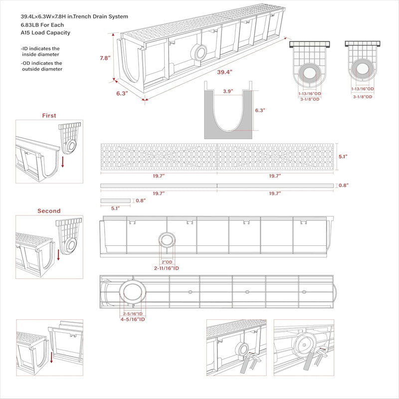 4 Pack 39.4Lx6.3Wx7.8H inch Channel Drain Plastic Yard Drainage Systems for Outdoor Downspout Yard Fence Sidewalk Patio