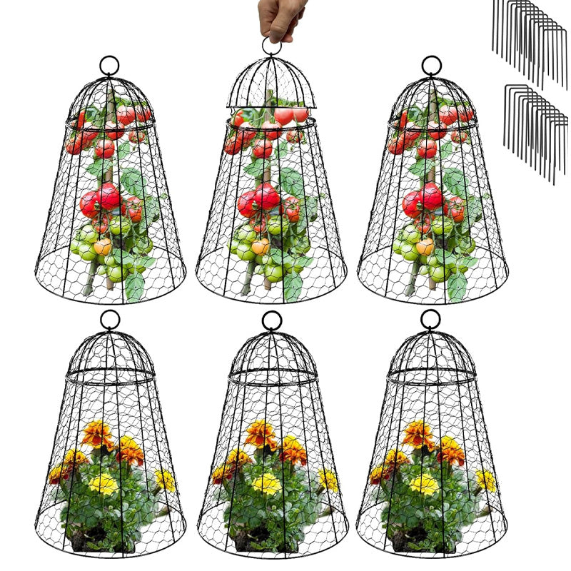 Plant Garden Cover, Wire Mesh Plant Cover, Animal Garden Plant Protector, Set Of 6 Plant Covers, 20" H x 12" D Garden Cover, No Assembly Required, Black