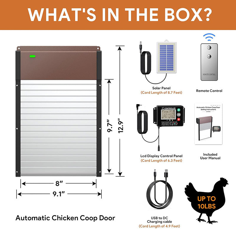 LCD Display Solar Auto Chicken Coop Door Opener with Intelligent Anti-Pinch Induction Timer & Light Sensor Modes for Safe and Convenient Chicken Keeping