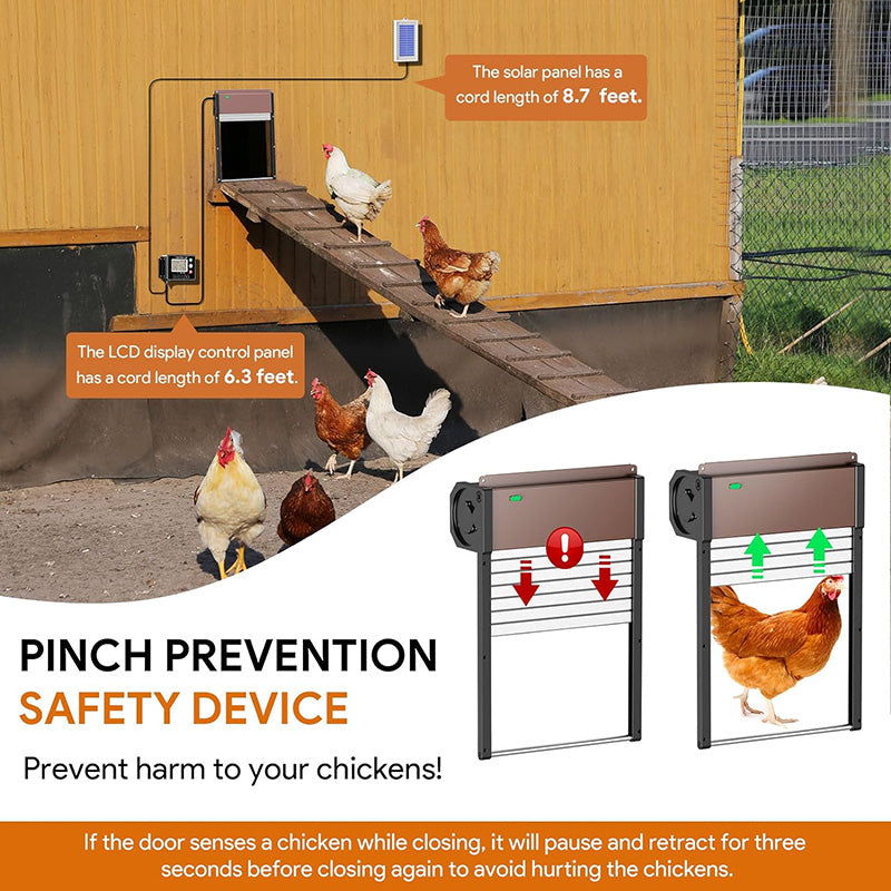LCD Display Solar Auto Chicken Coop Door Opener with Intelligent Anti-Pinch Induction Timer & Light Sensor Modes for Safe and Convenient Chicken Keeping