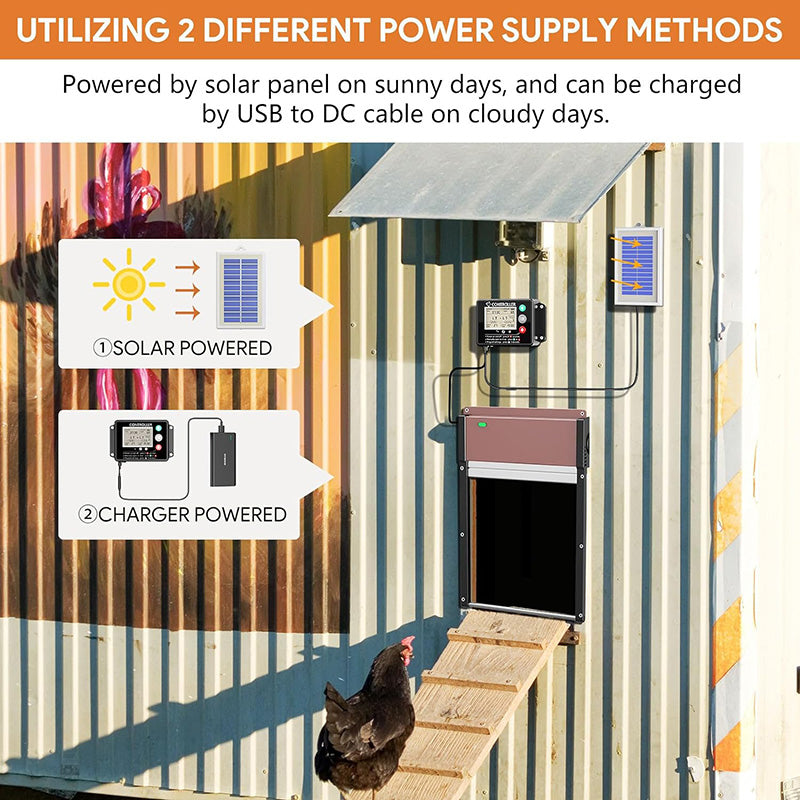 LCD Display Solar Auto Chicken Coop Door Opener with Intelligent Anti-Pinch Induction Timer & Light Sensor Modes for Safe and Convenient Chicken Keeping