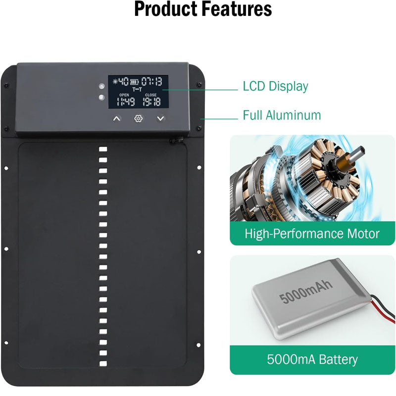Chicken Coop Door Opener with Light Sensor & Timer Control Solar Charging Remote Control and LCD screen