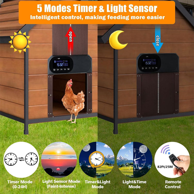 Chicken Coop Door Solar Powered LCD Screen Electric Auto Chicken Coop Door with Timer & Light Sensor Remote Control & 4 Modes