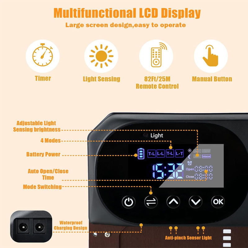 Chicken Coop Door Solar Powered LCD Screen Electric Auto Chicken Coop Door with Timer & Light Sensor Remote Control & 4 Modes