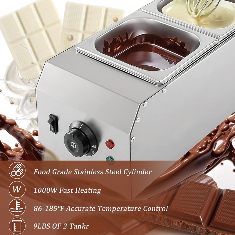 9 Lbs 2 Tanks Chocolate Tempering Machine, 86~185℉, 1000W Chocolate Melting Pot with TEMP Control For Chocolate/Milk/Cream Melting