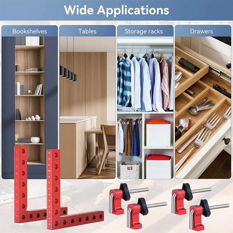 4 Pack 90 Degree Positioning Squares, 5.5"x 5.5" Aluminum Alloy Woodworking Corner Clamps with 4 Clamps & Gaskets and Gloves