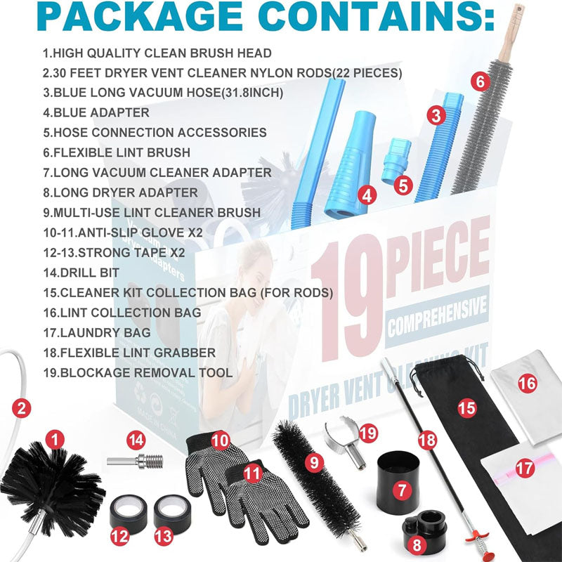 19-Piece Duct Cleaning Brush Dryer Vent Cleaner Kit Omnidirectional Include 30Feet Dryer Vent Brush