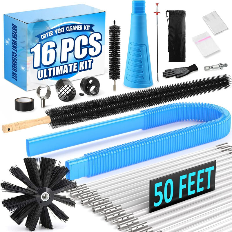 16-Piece 50 Feet All-Round Dryer Vent Cleaning Brushes Kit with Dryer Vent Brush Vacuum Cleaner Hose Attachment Flexible Lint Trap Brush