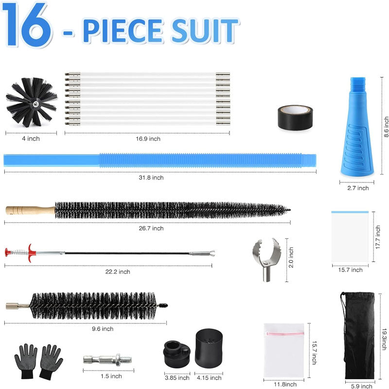 16-Piece 50 Feet All-Round Dryer Vent Cleaning Brushes Kit with Dryer Vent Brush Vacuum Cleaner Hose Attachment Flexible Lint Trap Brush