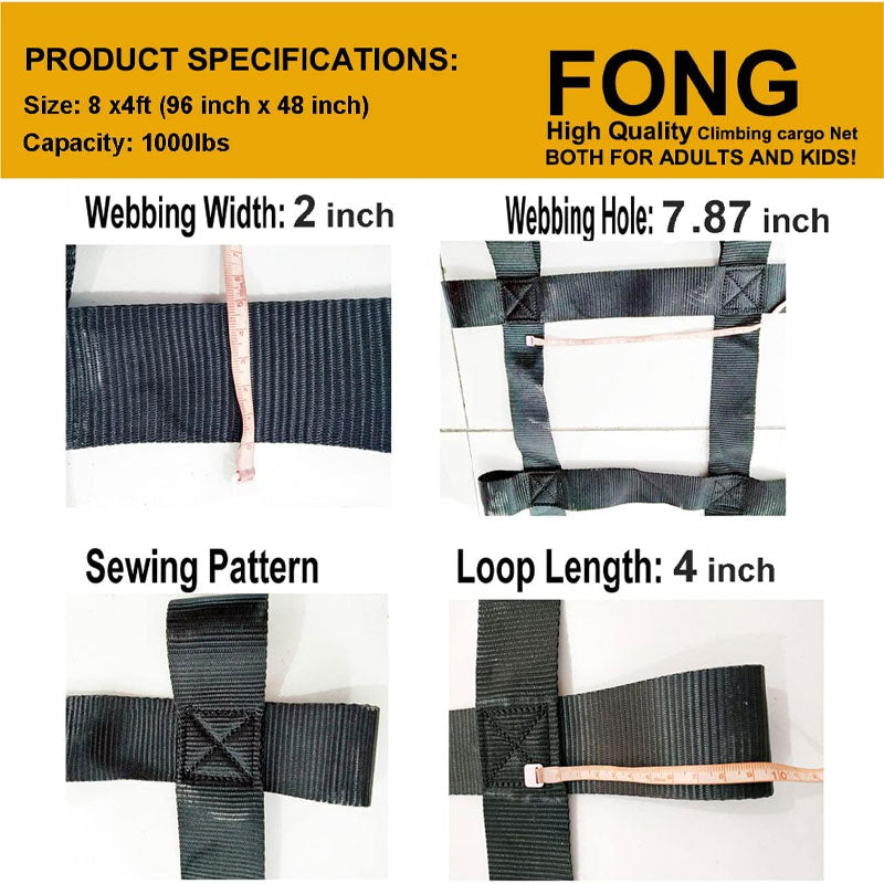 8ft X 4ft Climbing Cargo Net Black (96" x 48"), Rope Ladder, Swing, Large Military Rock Climbing Cargo Net