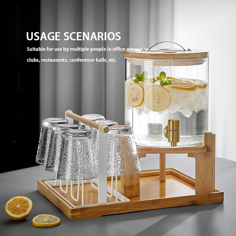 Cold Water Kettle With Faucet Glass Cup, High Temperature Resistant Household Large Capacity Pot And Cup Set 5L Cold Water Kettle + 6 Hexagonal Cups + Tea Tray + Cup Holder