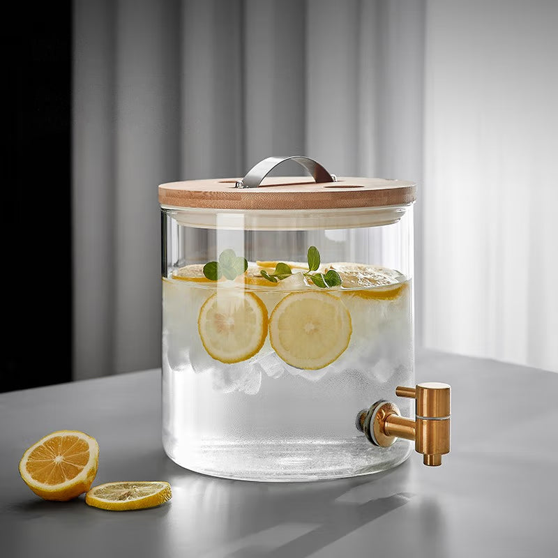 Cold Water Kettle With Faucet Glass Cup, High Temperature Resistant Household Large Capacity Pot And Cup Set 5L Cold Water Kettle + 6 Hexagonal Cups + Tea Tray + Cup Holder