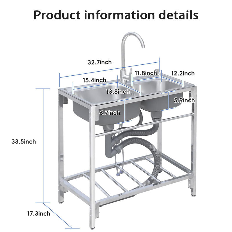 Commercial Stainless Steel Sinks, Kitchen Preparation Sink Freestanding Double Basin