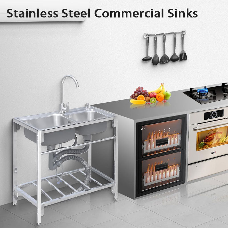 Commercial Stainless Steel Sinks, Kitchen Preparation Sink Freestanding Double Basin