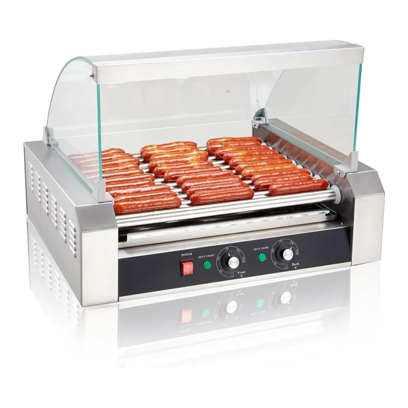 Hot Dog Roller, 30 Hot Dogs 11 Rollers Grill Cooker Machine,Removable Stainless Steel Drip Tray And Glass Hood Cover,Perfect For Commercial