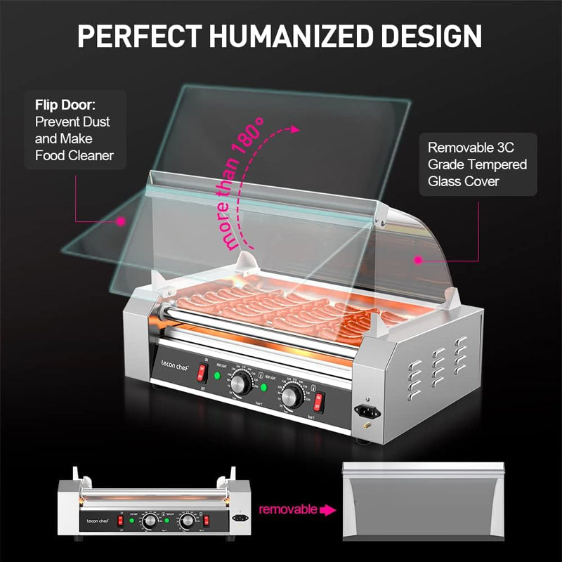 Hot Dog Roller Machine Commercial Electric 7 Roller Grill Hot Dog Warmer Cooker Machine Stainless Steel with Dual Temp Control, Detachable Glass Cover & LED