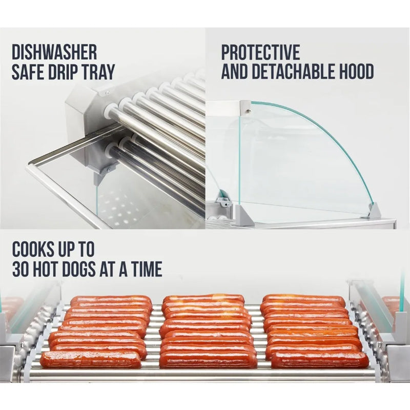 Hot Dog Roller, 30 Hot Dogs 11 Rollers Grill Cooker Machine,Removable Stainless Steel Drip Tray And Glass Hood Cover,Perfect For Commercial