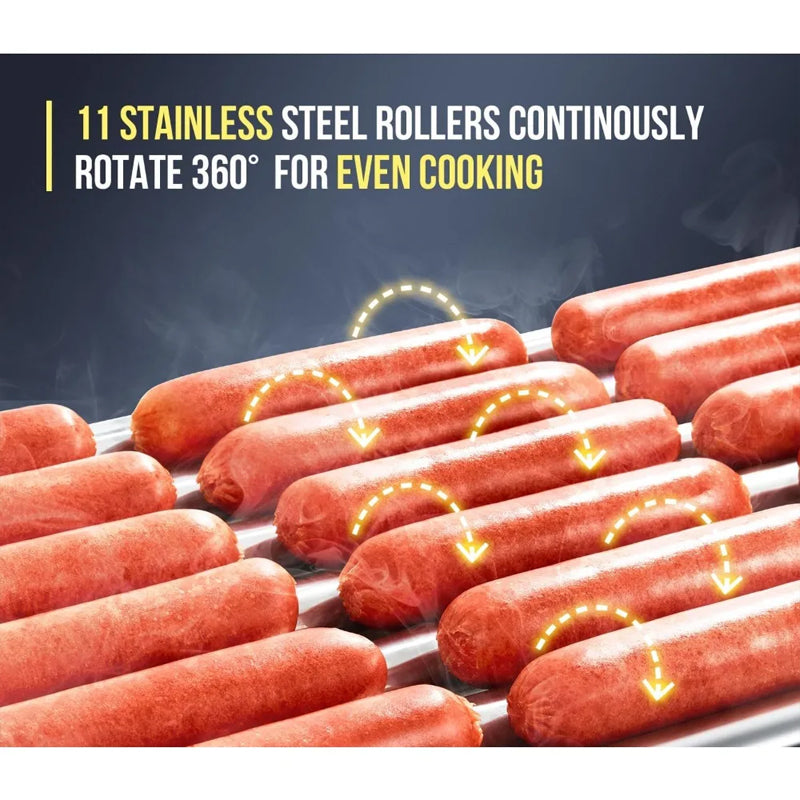 Hot Dog Roller, 30 Hot Dogs 11 Rollers Grill Cooker Machine,Removable Stainless Steel Drip Tray And Glass Hood Cover,Perfect For Commercial