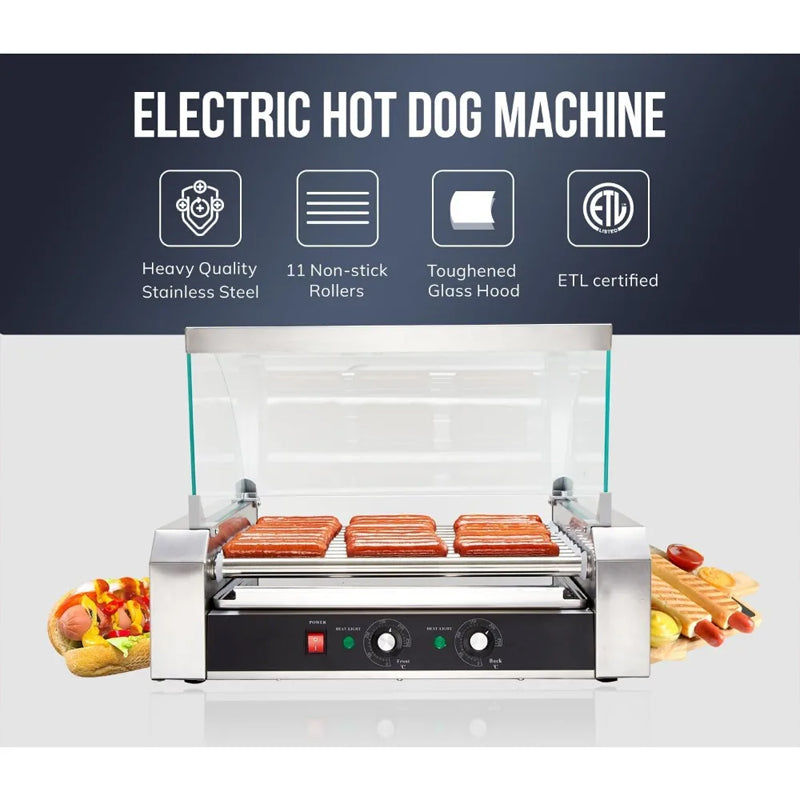Hot Dog Roller, 30 Hot Dogs 11 Rollers Grill Cooker Machine,Removable Stainless Steel Drip Tray And Glass Hood Cover,Perfect For Commercial