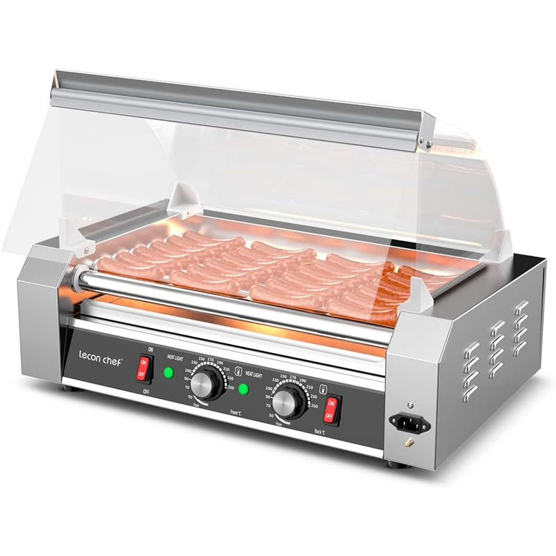 Hot Dog Roller Machine Commercial Electric 7 Roller Grill Hot Dog Warmer Cooker Machine Stainless Steel with Dual Temp Control, Detachable Glass Cover & LED