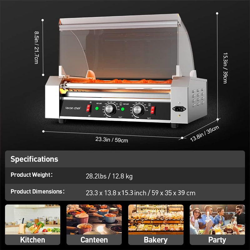 Hot Dog Roller Machine Commercial Electric 7 Roller Grill Hot Dog Warmer Cooker Machine Stainless Steel with Dual Temp Control, Detachable Glass Cover & LED