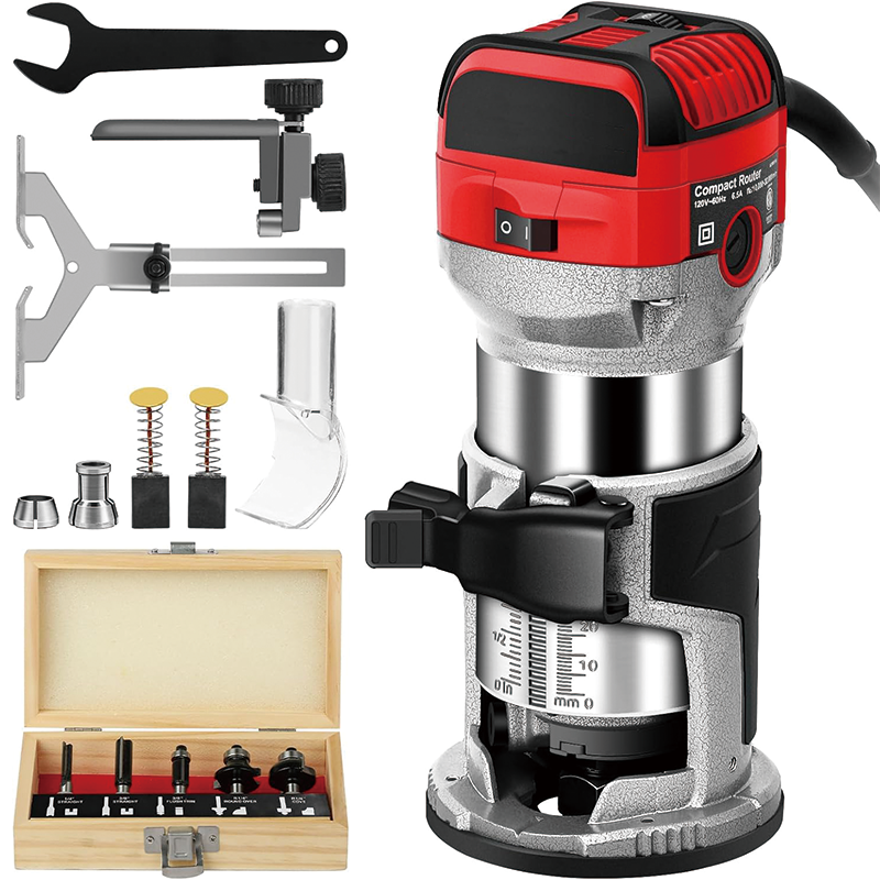 Wood Router, 1.25 HP Compact Router Tools for Woodworking,6 Variable Speeds, Edge Guide, Roller Guide, Dust Hood