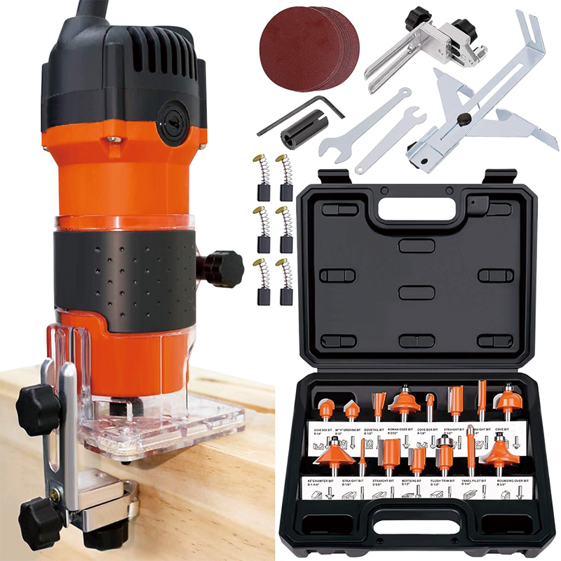 Wood Router,6.5-Amp 1.25 HP Compact Wood Palm Router, with 15 pieces 1/4" Router Bits Set, for Woodworking Slotting Trimming