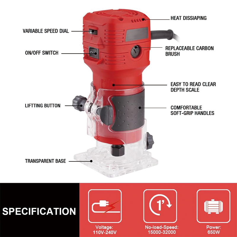 Wood Router, 650W 110V 32000 RPM Hand Trim Router, 6 Variable Speeds, Edge Guide, Roller Guide and Portable Tool Box