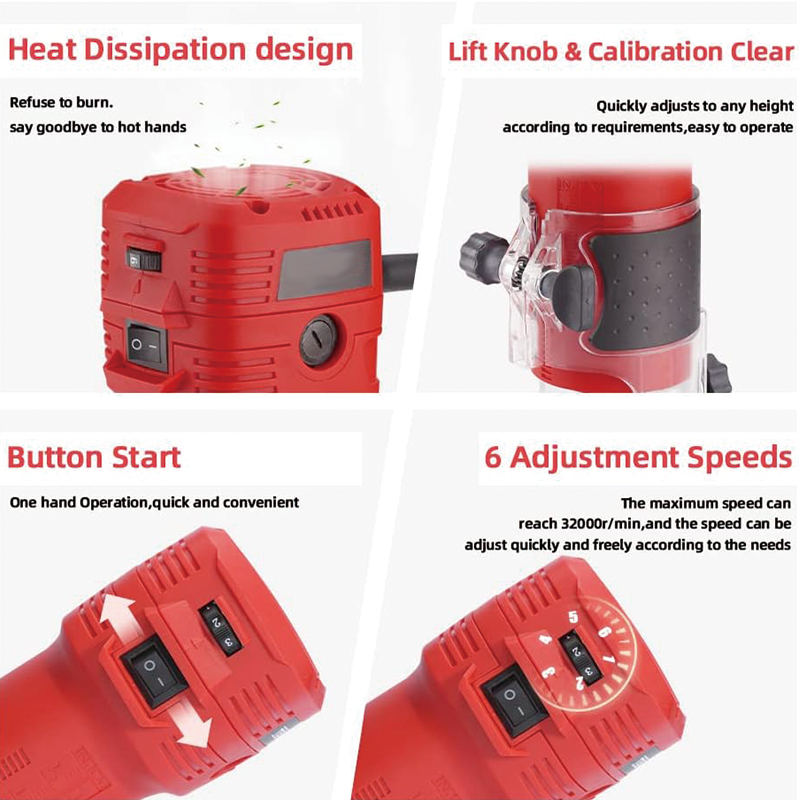 Wood Router, 650W 110V 32000 RPM Hand Trim Router, 6 Variable Speeds, Edge Guide, Roller Guide and Portable Tool Box
