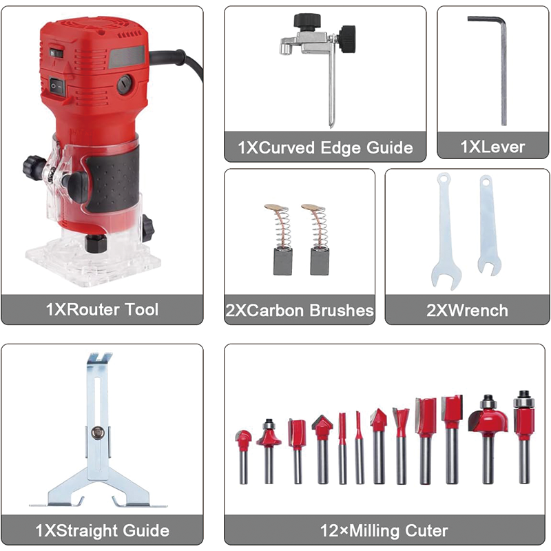 Wood Router, 650W 110V 32000 RPM Hand Trim Router, 6 Variable Speeds, Edge Guide, Roller Guide and Portable Tool Box
