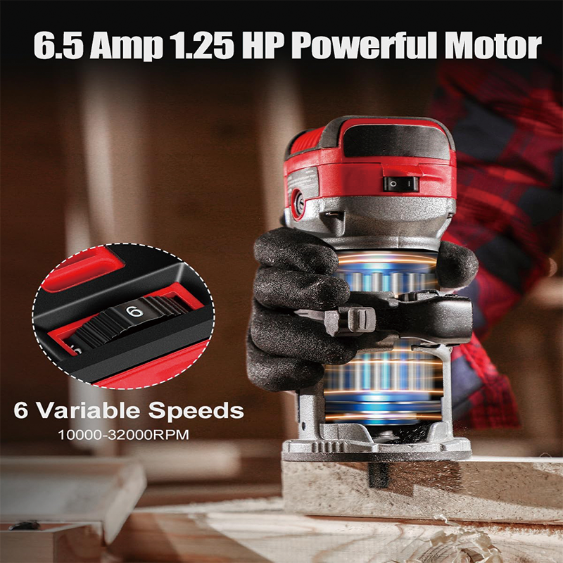 Wood Router, 1.25 HP Compact Router Tools for Woodworking,6 Variable Speeds, Edge Guide, Roller Guide, Dust Hood